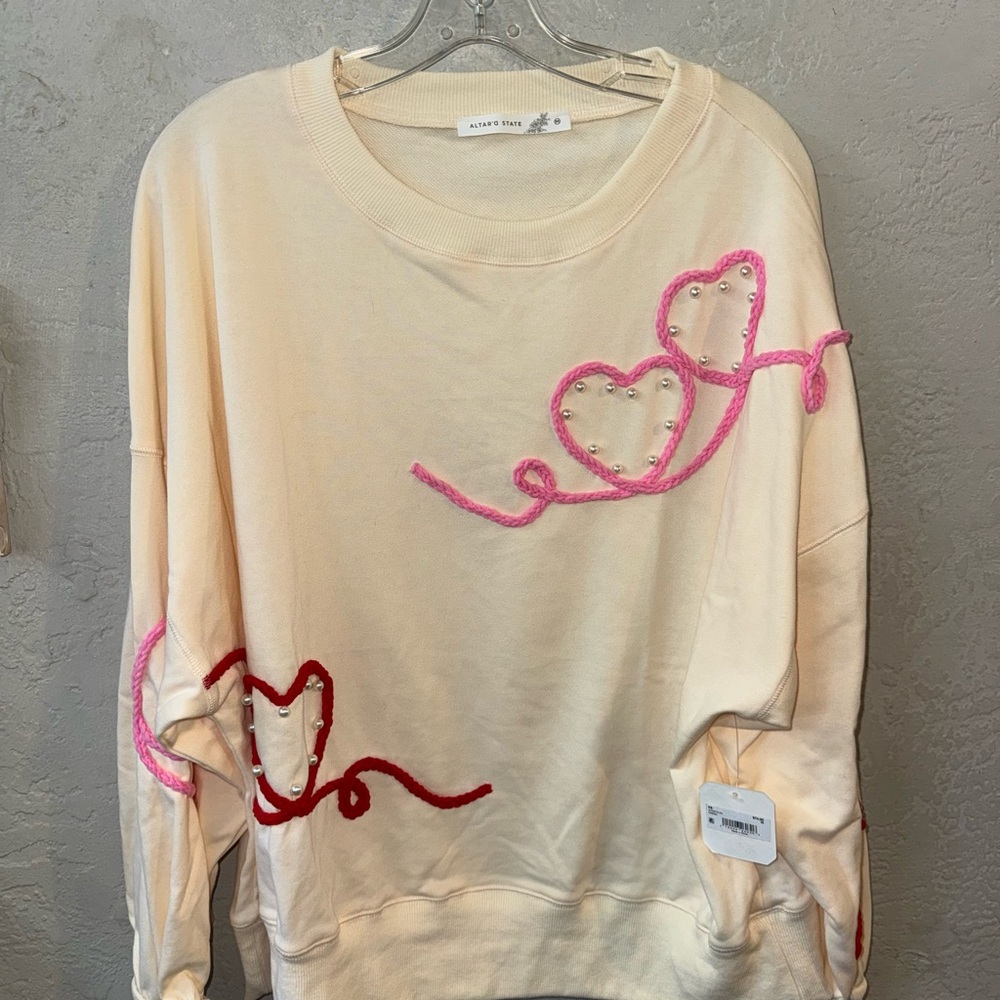 Cream Sweatshirt with Heart Embroidery